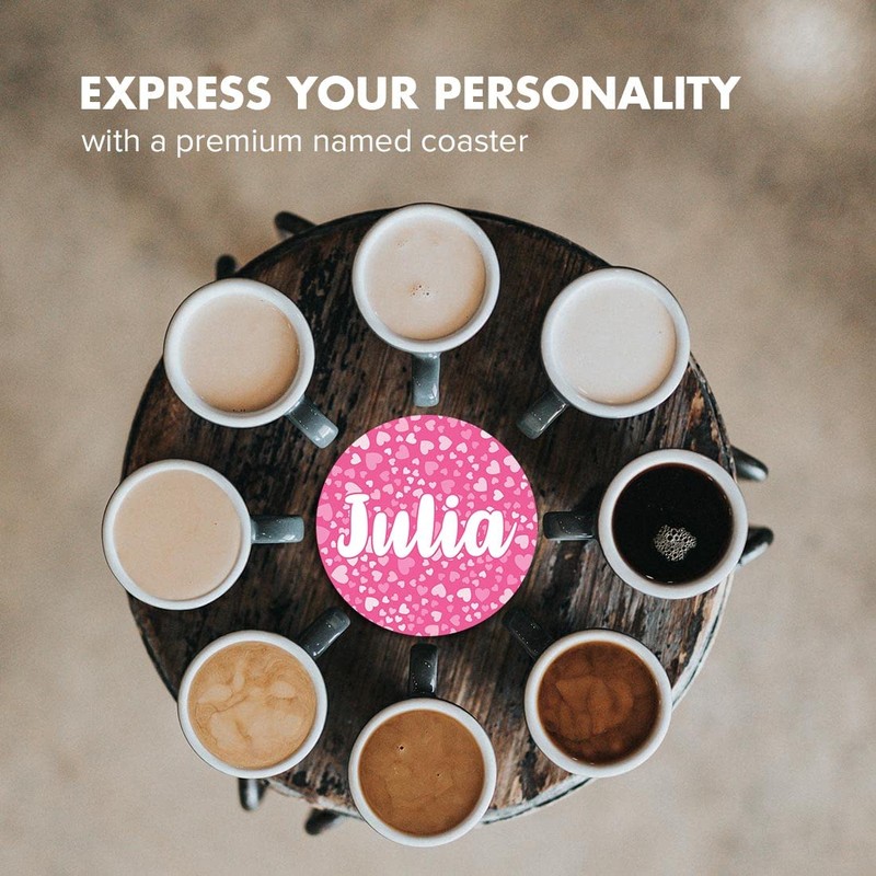 1 x Round Coaster - Name Julia Pink Hearts Love
