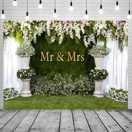 CRTPOD Wedding Backdrop Mr and Mrs White Curtain Floral Grass Wall Stone Planter Background Photography Banner for Bridal Shower Anniersary Party Decorations Photo Studio Photobooth Props 7x5ft