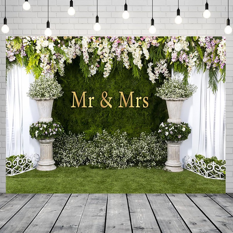 CRTPOD Wedding Backdrop Mr and Mrs White Curtain Floral Grass