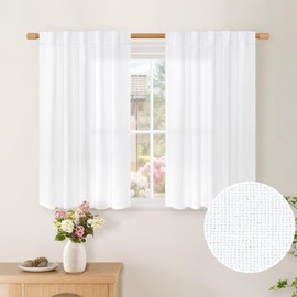 BGment Short Flax Linen Curtains 36 Inch Length 2 Panels for Kitchen Over Sink, Rod Pocket White Light Filtering Drapes for Small Window Bathroom Cafe Rustic Country Decor Back Tab, 42 X 36 Inch