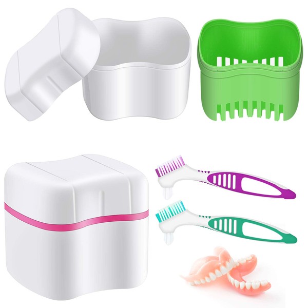 2 Dentures Case with 2 Prostheses Cleaning Brushes Prostheses Cup Prostheses Box Bath Prostheses Container with Basket Prostheses Holder Prostheses Brushes Balter (Green, Purple)