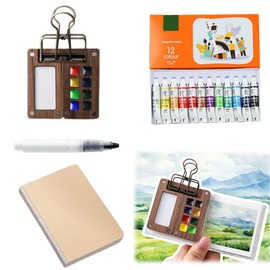 Umllpet Mini Watercolour Set, Portable Watercolour Sketchbook, 8 Grids, Mini Wooden Travel Painting Palette, Painting Box, Sketchbook Palette Set for Painters, Artists, Students