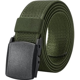 Men's Belt Web Elastic, Military Nylon Belts with Plastic Buckle Non-Metal Friendly for Travel, Trim to Fit Jeans Below 46" (Army Green)