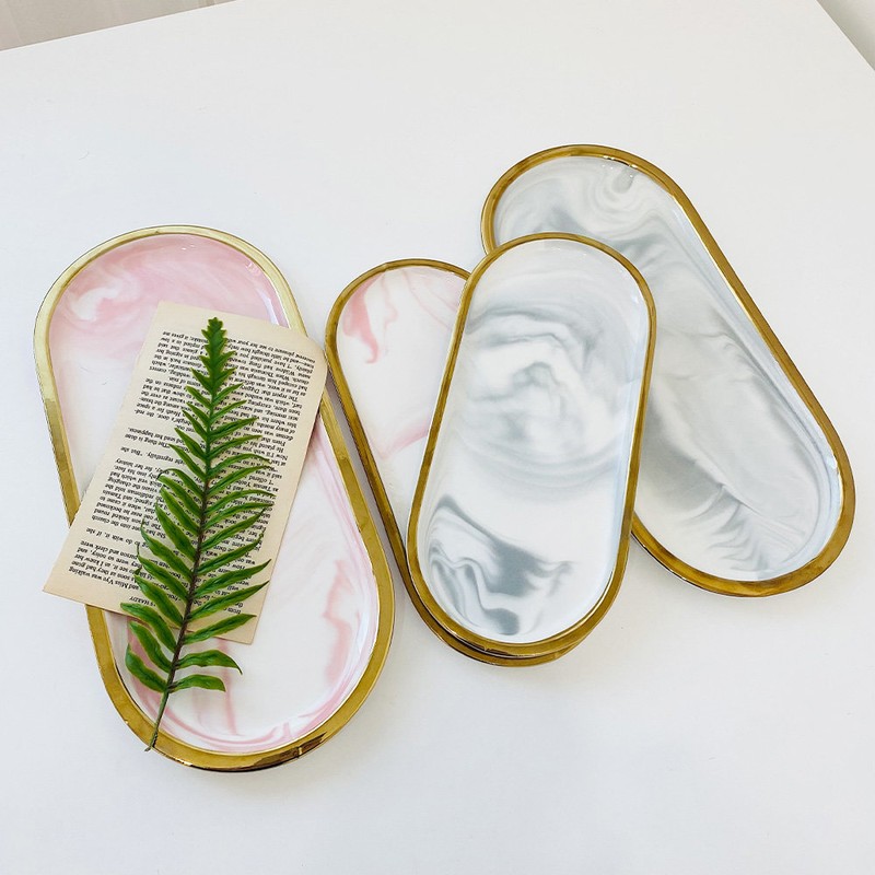 Adung Playground Gold Line Marble Tray Marble Oval, Marble Tray
