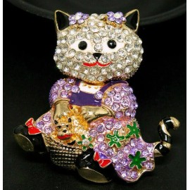 Betsey Johnson Playful Kitty CAT Picnic BASKET Rhinestone Necklace Pendant Brooch Purple Betsey
