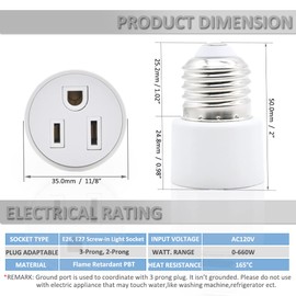 3 Prong Outlet Light Socket Adapter,Screw in Outlet Socket,E26 Light Bulb to Outlet Socket Converter,Light Bulb Plug Adapter for Porch Light Socket,Camera,Garage Light and Light Strings