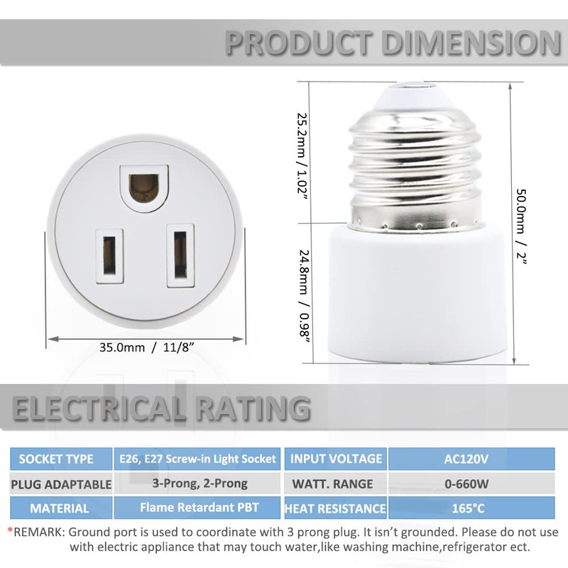 3 Prong Outlet Light Socket Adapter,Screw in Outlet Socket,E26 Light