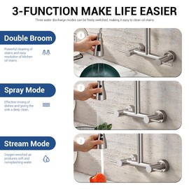 YUHUBY Wall Mount Kitchen Faucet with Pull Down Sprayer 3 Functions, 304 Stainless Steel Wall Mount Faucet 8 Inch Center, 2 Handle Kitchen Sink Faucet High Arc 360° Swivel, Brushed Nickel