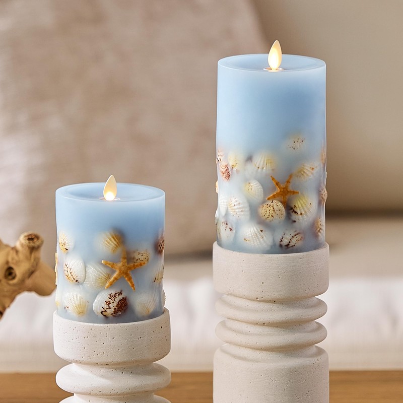 Luminara Flameless LED Candle Soft Chambray Embedded Seashell & Starfish