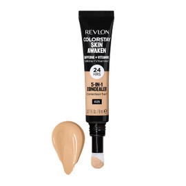 Revlon ColorStay Skin Awaken Corrector 5 en 1, maquillaje facial ligero, cremoso y duradero con cafeína y vitamina C, para imperfecciones, círculos oscuros y enrojecimiento, 025 beige claro, 0.27 fl oz