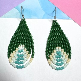 Handmade Hunter Green Turquoise Tear Drop Seed Bead Earrings 1.75” Drop Handmade