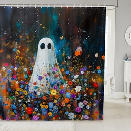 Manfei - Cortinas de ducha con diseño de fantasma, diseño floral, acuarela, cortinas de baño impermeables con 12 ganchos para tina, decoración de habitación de niños y niñas, 72 pulgadas de ancho x 78