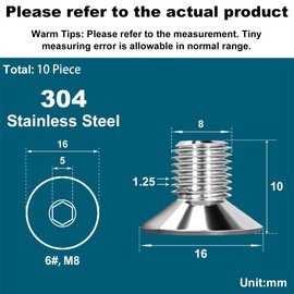 Drenky Pack of 10 M8 x 10 mm Countersunk Screws Stainless Steel V2A VA A2 Screw with Lowered Head DIN 7991 / ISO 10642 Countersunk Screw Rustproof Silver Hexagon Socket Screws Metric Standard Thread