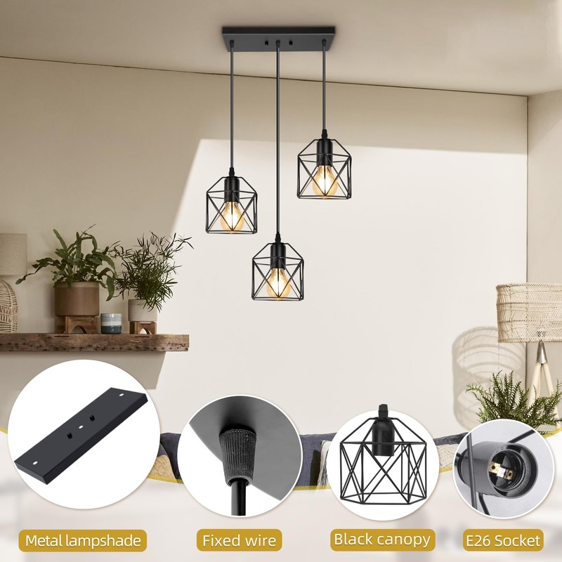 ROCUNSI 3-Light Hanging Pendant Light Fixtures, Farmhouse Kitchen Island Light