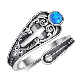 Fuguangju Cross Spoon Ring 925 Sterling Silver Faith Cross Thumb Rings Adjustable Spoon Rings Vintage Cross Jewelry Christian Rings for Women Gifts for Women