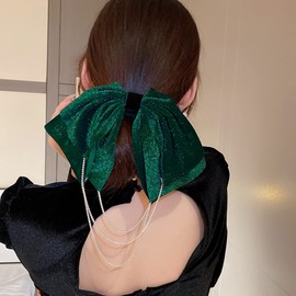 Jumwrit Big Hair Bow Clip Hair Barrette with Long Layered Rhinestone Tassel Strong Hold Hair Bowknot Solid Color Hair Bow Clip Fashion Hair Accessories for Women Girls (Green)