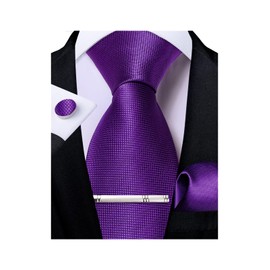 DiBanGu Mens Purple Solid Tie Classic Tie Set Pocket Square Cufflinks Tie Clip Wedding Prom
