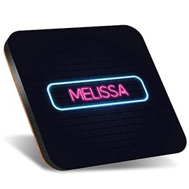 1 x Square Jumbo Size Coaster 12cm Neon Sign Design Melissa Name Cork Backed MDF Glossy Tea Coffee Accessory #353337