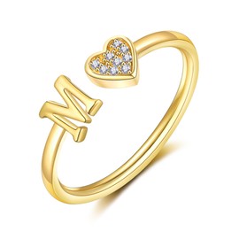 FUNEIA Heart Ring with Letters Women Gold Silver Rose Gold Adjustable Initial A-Z Zirconia Finger Ring Stacking Ring Waterproof Letter Ring Jewellery Girls Gift Box, Non-precious metal