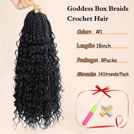 Long Boho Box Braids Crochet Hair 18 Inch Bohemian Crochet Braids for Black Women with Curly Ends, 8 Pack Goddess Braids Boho Crochet Hair Pre Looped Synthetic Hair(#1)