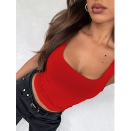 TiulZial Women's Sleeveless Square Neck Strappy Tank Cute Double Layer Workout Summer Casual Basic Crop Tops(Red,XS)