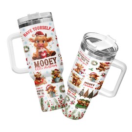 34HD - Vaso de vaca de Navidad de 40 onzas con asa, taza de día festivo Mooey, bonito regalo de vaca Highland, taza de viaje de invierno