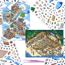 2 Sets DIY 3D Large Size House Sticker Scenes with Tweezers Make Your Own Cloud Cafe Island Music Festival Scene Stickers Cute Micro Room Stickers for Relief Stress Pass The Time