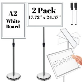 Gilprop 2 Pack Sign Stand Holder Adjustable Pedestal Floor Poster Stand with Adhesive Whiteboard Stickers and Dry Erase Whiteboard Pen Outdoor Indoor Standing Display(Silver,17.72 x 24.57 Inch)