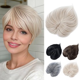 Yamel Hair Topper with Bangs 3 Clips Multi-Dimensional 7 Inches Short Synthetic Wiglets Natural Hairpieces for Thinning Hair White Blonde