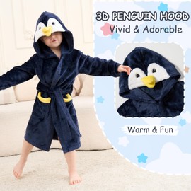 LOLANTA Kids Robe Boys Girls Hooded Fleece Sleepwear Penguin Animal Bathrobe Toddler Fluffy Robe Christmas Gifts (Penguin 6-8 Years)