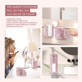 KEYPOWER Bling Rhinestone Cotton Ball Pad Swabs Make Up Pads Dispenser Holder Acrylic Jar with Lid Multi-function Organizer Container (Pink)