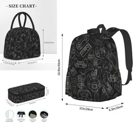 Oplp Black and White Video Game Controller Background Large Capacity Backpack Lunch Bag Pencil Case Combination 3 Piece Set