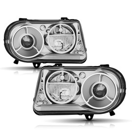 Headlights Assembly Compatible with 2005 2006 2007 2008 2009 2010 Chrysler 300C Halogen Type Head Lamps Projector Headlight, Chrome Housing