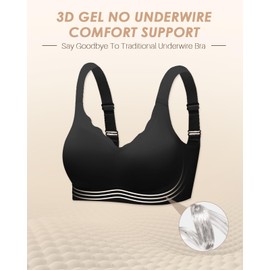 LEYSHE V Neck Wireless Bra Seamless Bra Wavy Plunge Bra Padded Push Up Bra with Adjustable Straps,Black,XL