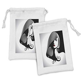 Ambesonne Contemporary Fabric Pouch Set of 2, Abstract and Woman Silhouette Cosmetics Glamor Hairstyle Femininity, Small Drawstring Bag for Toiletries Masks and Favors, 9" x 6", Multicolor