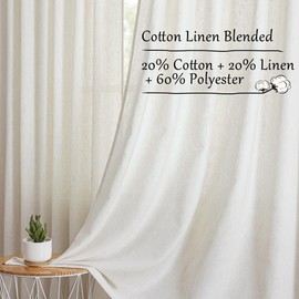 Tollpiz Natural Linen Cotton Curtains Back Tab Bedroom Semi Sheer Curtain Pocket Neutral Boho Light Filtering Farmhouse Burlap Drapes Living Room, 52 x 63 inches Long, 2 Panels