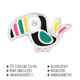 Monkimau Girls Earrings Toucan Bird Stud Earrings Made of 925 Sterling Silver with 2 Crystals, Sterling Silver