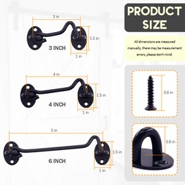 Rustark 6 Pack Barn Door Latch Set 2'', 4'', 6'' Heavy Duty Coated Stainless Steel Solid Gate Latch Lock with Mounting Screws Cabin Hooks and Eye Latch for Window, Sliding Door, Bedroom