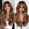 Rovizère Long Wavy Wig with Bangs, Light Brown Ombre Synthetic