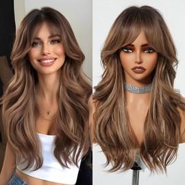 Rovizère Long Wavy Wig with Bangs, Light Brown Ombre Synthetic Hair, Layered Cut, 26 Inches Style 001