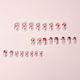 Christmas Press on Nails Medium Square Fake Nails Cute Snowman Bow False Nail with Snowflake Glitter Christmas Glue on Nail Full Cover Glossy Stick on Nail for Women Girls