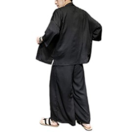 Inotenka Jinbei Men’s Work Clothes, Haori Top and Bottom, Japanese Style, Long Cardigan, 3/4 Sleeves, Loose, Thin, All Year, Festivals, Walks, Roomwear, Sun Protection, Cool Layer, Black, White, Large, Black