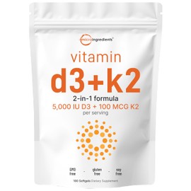 Micro Ingredients Vitamin D3 5000 IU with K2 100 mcg, 180 Softgels | K2 MK-7 with D3 Vitamin Supplement | 2 in 1 Support Immune, Heart, Joint, Teeth & Bone Health | Easy to Swallow