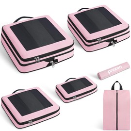 Prezon Compression Packing Cubes for Carry on Luggage, Full Open & Mesh Visible Design, 6 Set Expandable Travel Packing Organizer with Laundry Bag and Shoe bag for Vacation, Camping, Business