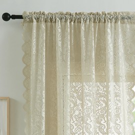 Bujasso Beige Sheer Lace Curtains 54 inch Farmhouse Short Curtain Panels for Kitchen Living Room Bedroom Elegant Light Filtering Beige Drapes Window Treatment Sets Rod Pocket 2 Panels 54" Wx54 L