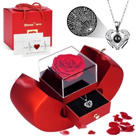 Preserved Real Rose with I Love You Necklace in 100 Languages Gift Set,Red Rose with I Love You Heart，Romantic Gifts for Mom Grandma Wife Sweetheart on Mother’s Day Valentines Anniversary