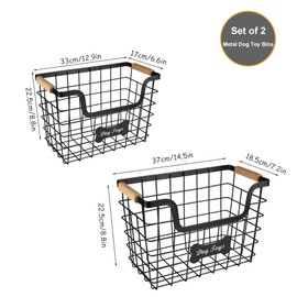 Brabtod 2packs Metal Dog Toy Basket,Iron Wire Dog Toy Bin,Dog Toy Storage Box,Dog Storage Organizer with Wooden Handle,Black Sturdy Dog Basket for Dog Leash,Collar,Dog Toy,Snacks