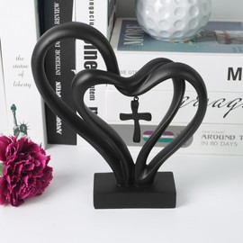 Aoneky Double Hearts in Love Sculpture with Hanging Cross - Love Statue for 6th Wedding Anniversary Valentines Gift - Black Statue Ornaments Shelf Decor