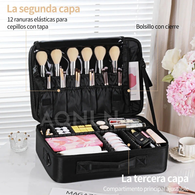 Estuche De Maquillaje De Viaje Profesional Con Divisores L Negro
