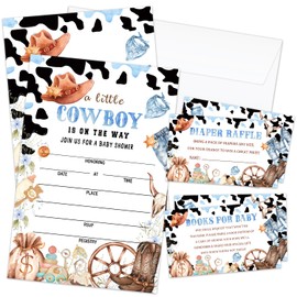 GOODBANER Western Cowboy Baby Shower Invitations for Boy, Baby Shower Invites with Envelopes, Set of 25 Gender Reveal Invites Cards with Envelopes & Book Request Cards & Diaper Raffle Tickets -06